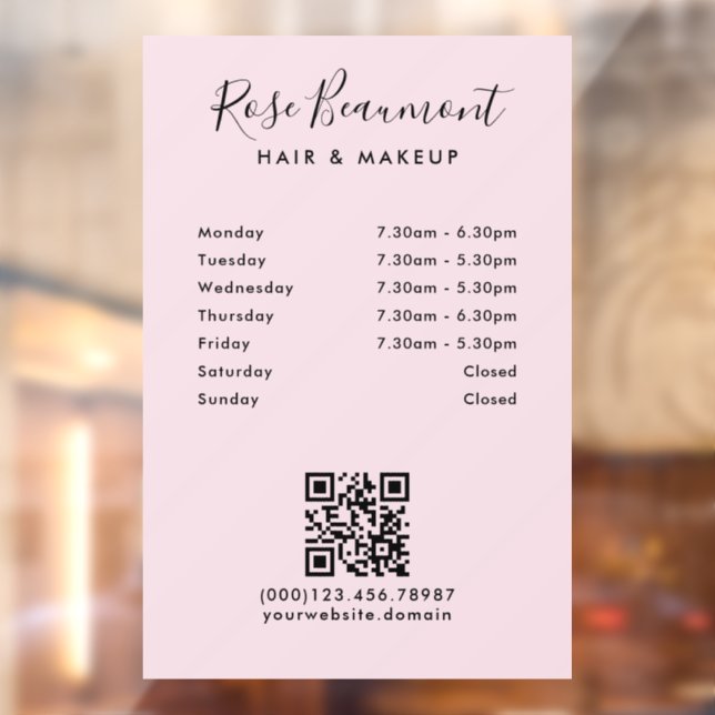 Minimalist Light Pink Business Hours Window Cling (Sheet 2)