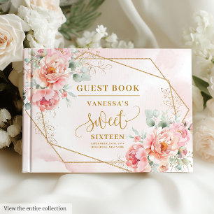 Minimalist Light Pink Gold Peonies Sweet Sixteen Guest Book