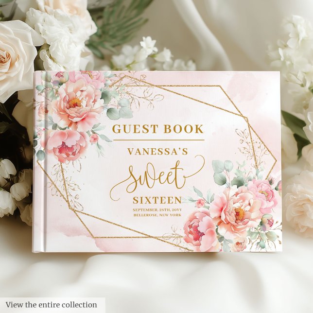 Minimalist Light Pink Gold Peonies Sweet Sixteen  Guest Book (Minimalist Light Pink Gold Peonies Sweet Sixteen Guest Book)