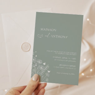 Minimalist Light Sage Green Wildflower Wedding Invitation
