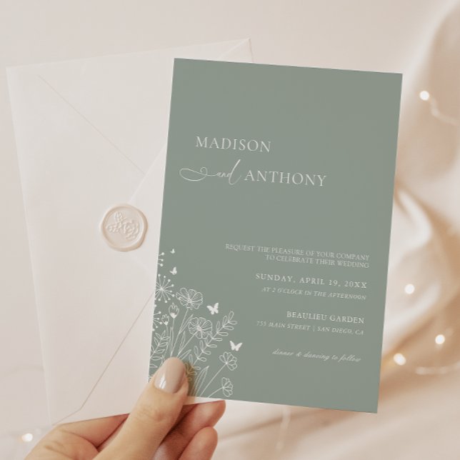 Minimalist Light Sage Green Wildflower Wedding Invitation (Creator Uploaded)