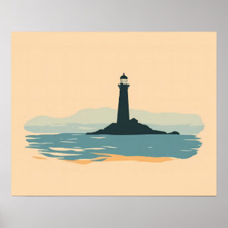Minimalist Lighthouse Silhouette Coastal Sunset Poster
