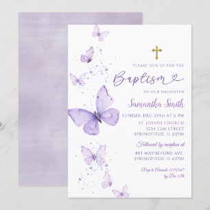 Minimalist Lilac Purple Butterfly Girl Baptism Invitation