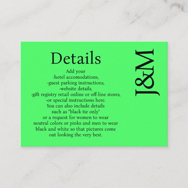 Minimalist Lime Green Enclosure Details Card (Front)