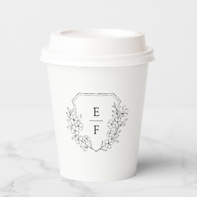 Minimalist Line Art Cherry Blossom Monogram Crest  Paper Cups (Front)