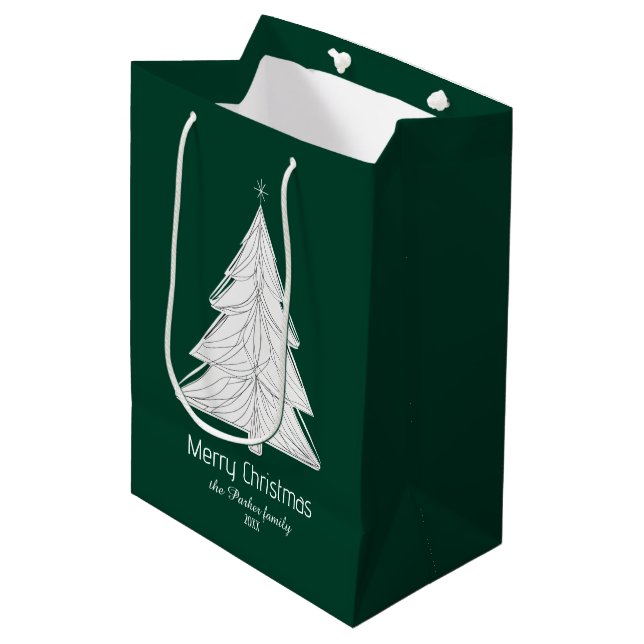 Minimalist Line-Art Christmas Tree with Geometric  Medium Gift Bag (Front Angled)