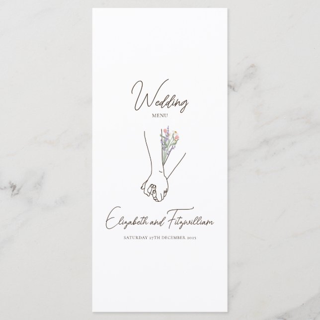 Minimalist Line Art Couple Holding Hands Flowers  Menu (Front)