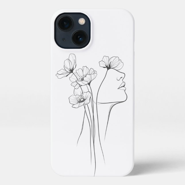 Minimalist Line Art Face with Flowers Phone Case  (Back)