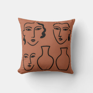 Minimalist Line Art Faces and Vases Terracotta Cushion