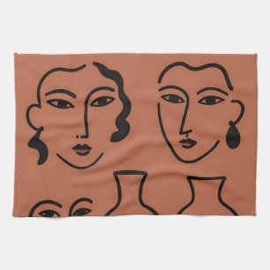 Minimalist Line Art Faces and Vases Terracotta Tea Towel