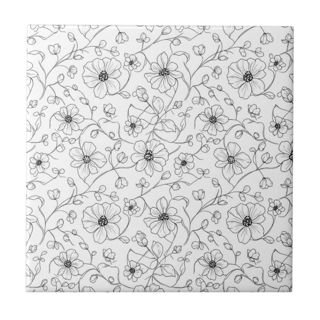 Minimalist Line Art Floral Seamless Pattern (1) Ceramic Tile (Front)