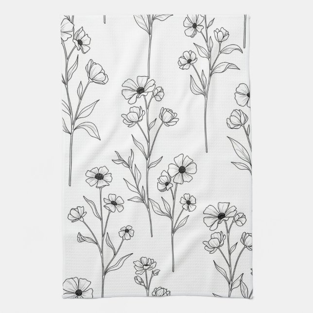 Minimalist Line Art Floral Seamless Pattern (2) Tea Towel (Vertical)