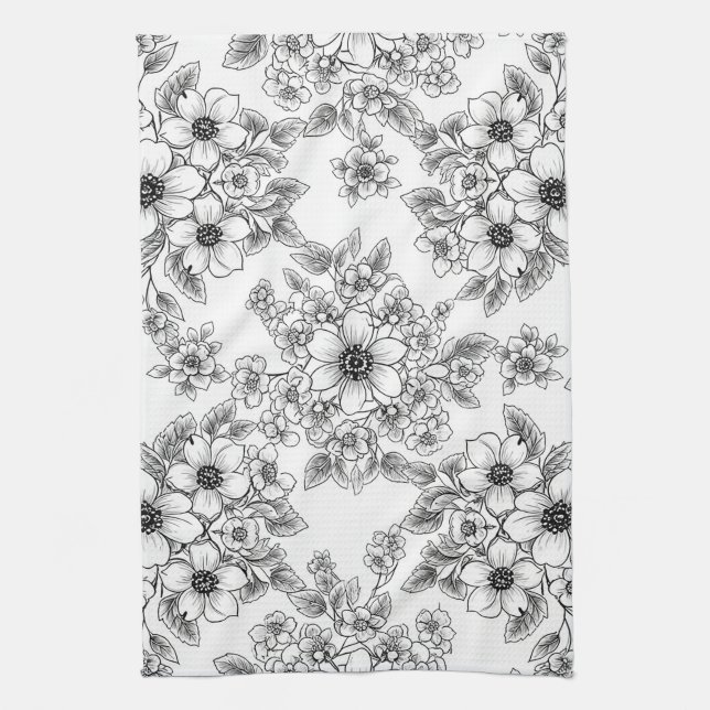 Minimalist Line Art Floral Seamless Pattern (6) Tea Towel (Vertical)
