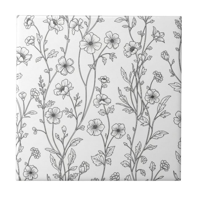 Minimalist Line Art Floral Seamless Pattern (7) Ceramic Tile (Front)