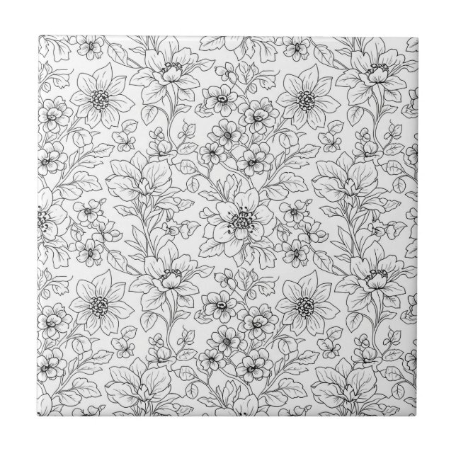 Minimalist Line Art Floral Seamless Pattern (9) Ceramic Tile (Front)
