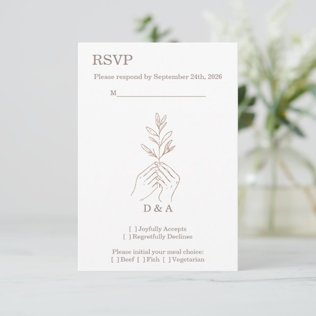 Minimalist Line Art Hands RSVP Card with Monogram (Standing Front)