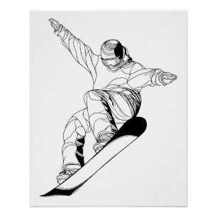 Minimalist line art illustration of a snowboarder poster
