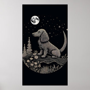 Minimalist Line Art Of a Dachshund On a Moon Poster