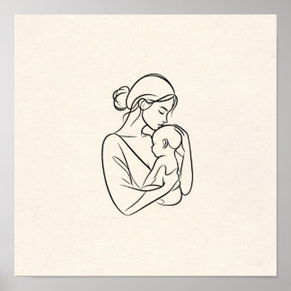 Minimalist Line Art of Mum and Baby Poster