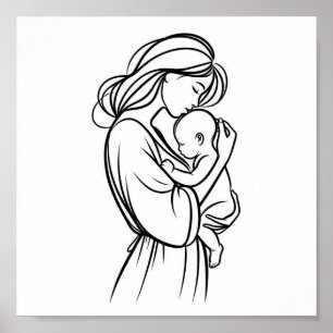 Minimalist Line Art of Mum and Baby Poster