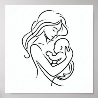 Minimalist Line Art of Mum and Baby Poster