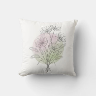 Minimalist Line Art Pastel Pink Cosmos Floral Cushion