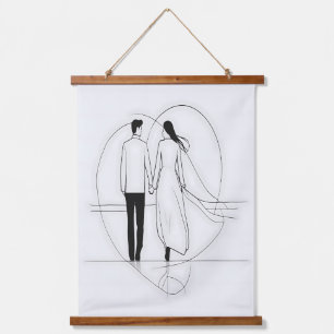 Minimalist Line Art Romantic Couple Holding Hands Hanging Tapestry
