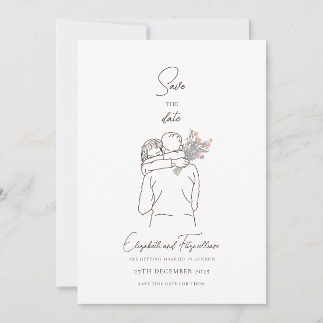 Minimalist Line Art Romantic Couple With Flowers  Save The Date (Front)