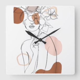 Minimalist Line Art Wall Clock – Floral Head Desig