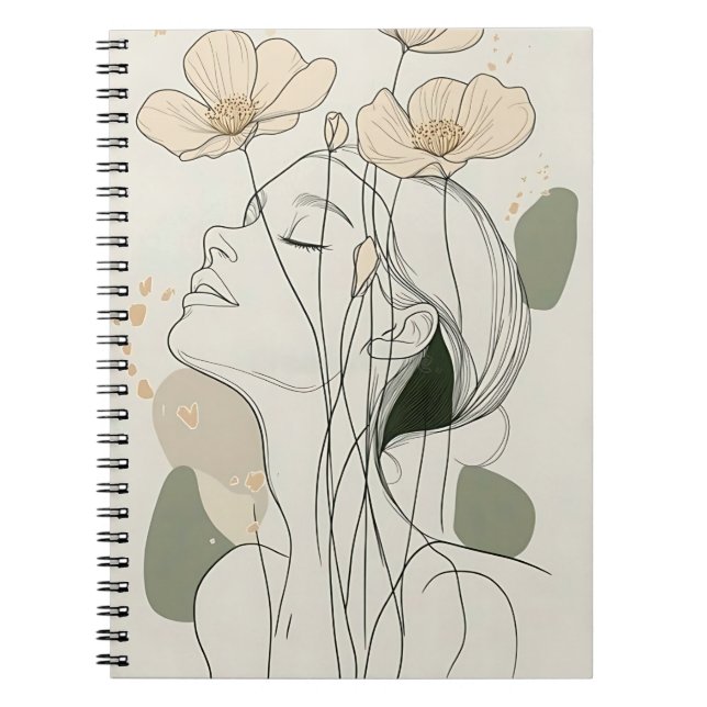 Minimalist Line Art Woman with Floral Notebook (Front)