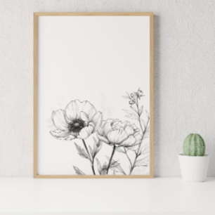 Minimalist Line Drawing Flower Black and White Poster