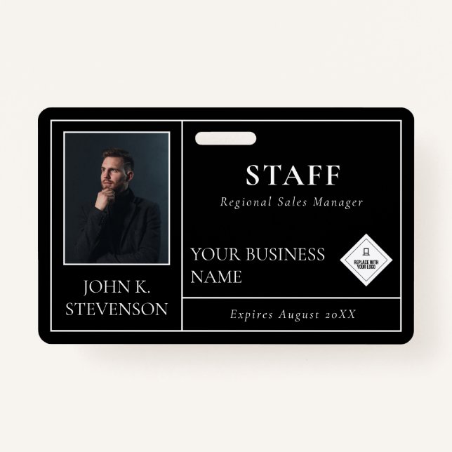 Minimalist Lines Black Photo & Logo ID Badge (Front)