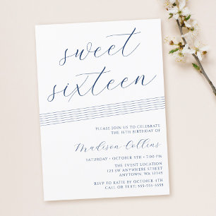 Minimalist Lines Navy Blue White Sweet 16 Invitation