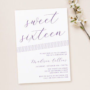 Minimalist Lines Purple White Sweet 16 Invitation