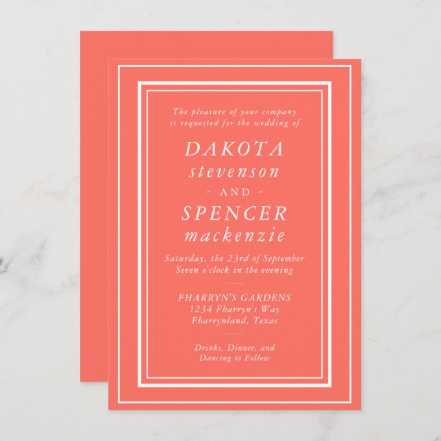 Minimalist Living Coral | Simple Modern Wedding Invitation (Front/Back)