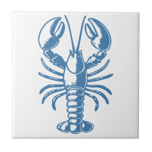 Minimalist Lobster Line Art Blue Outline Coastal Ceramic Tile