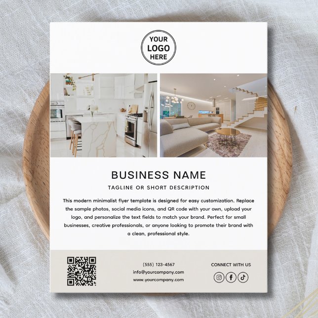 Minimalist Logo Photo QR Business Flyer (Editable minimalist business flyer with logo, QR code, and social media icons — fully customizable.)