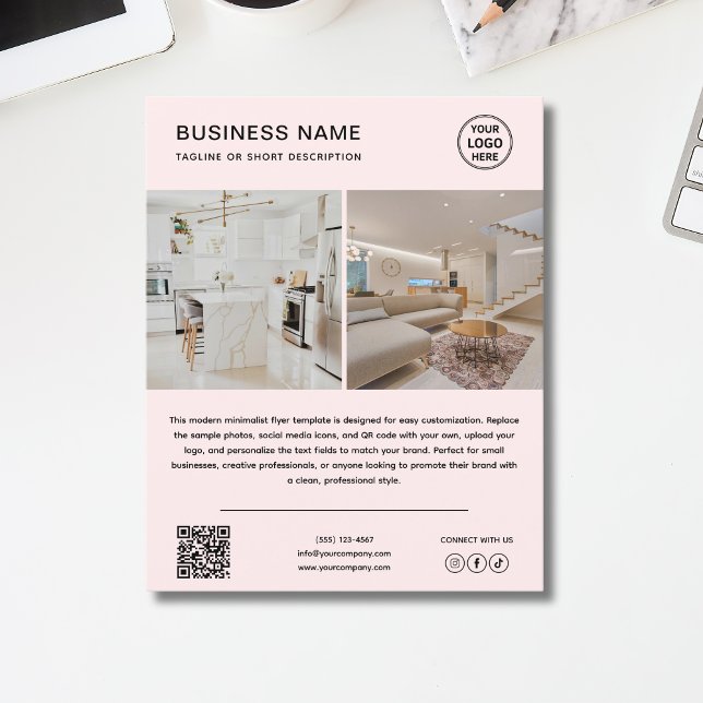 Minimalist Logo Photo QR Code Pink Business Flyer (Minimalist Logo Photo QR Code Pink Business Flyer)