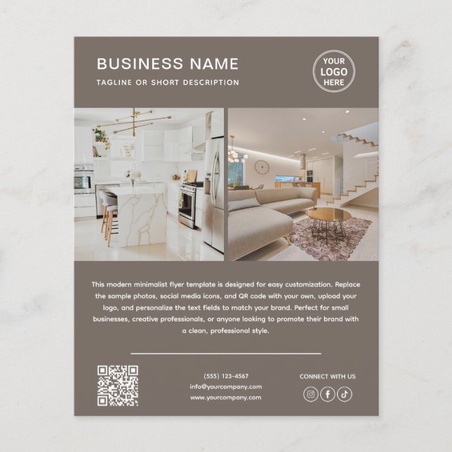 Minimalist Logo Photo QR Code Taupe Business Flyer (Front)