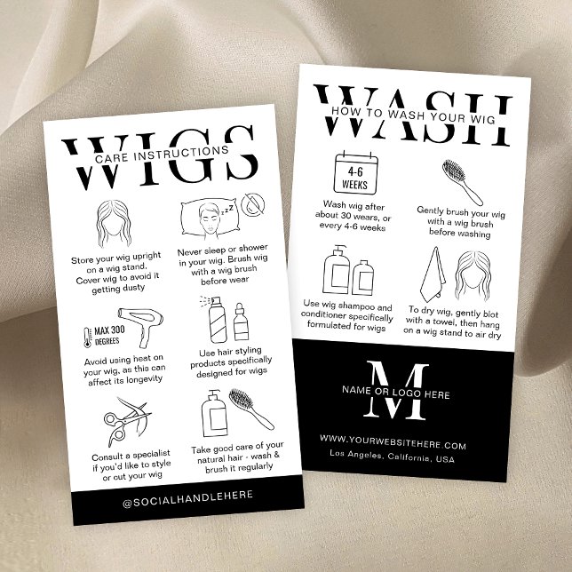 Minimalist Logo Wig Care Instructions & Wash Guide Business Card (Minimalist Wigs Care Instructions Cards with icons and space for your logo)