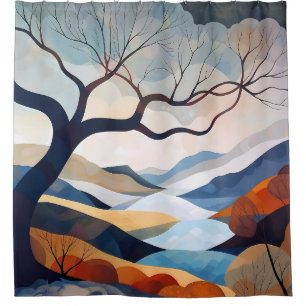 Minimalist Lone Tree Landscape Art Shower Curtain