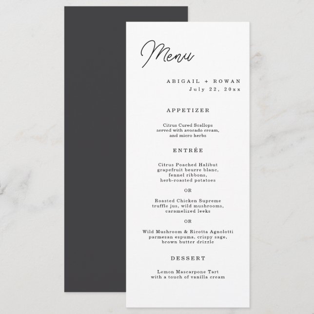 Minimalist Long Script Wedding Menu Card (Front/Back)