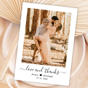 Minimalist Love and Thanks Script Photo Wedding Thank You Card