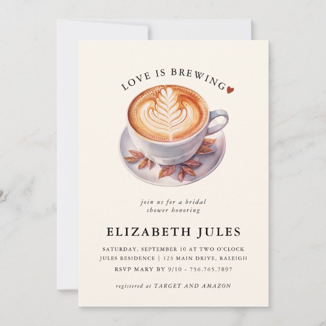 Minimalist Love Is Brewing Coffee Bridal Shower Invitation (Front)