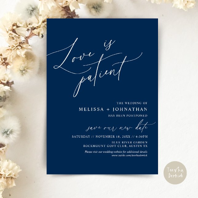 Minimalist, Love is patient, Change the date card (Minimalist, Love is patient, Romantic Wedding Change the new date card PDF in Navy Blue)