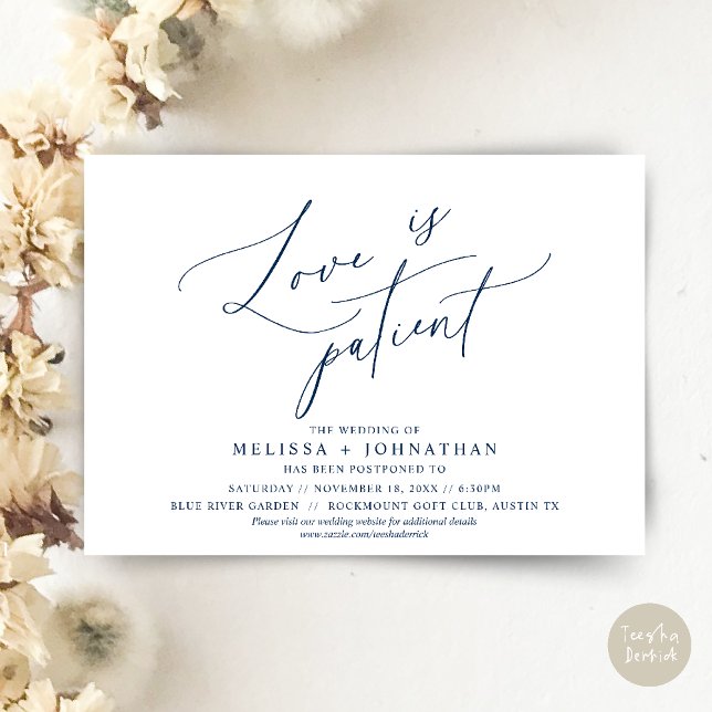 Minimalist, Love is patient, Change the date card (Minimalist, Love is patient, Romantic Wedding Change the new date card PDF in Navy Blue)