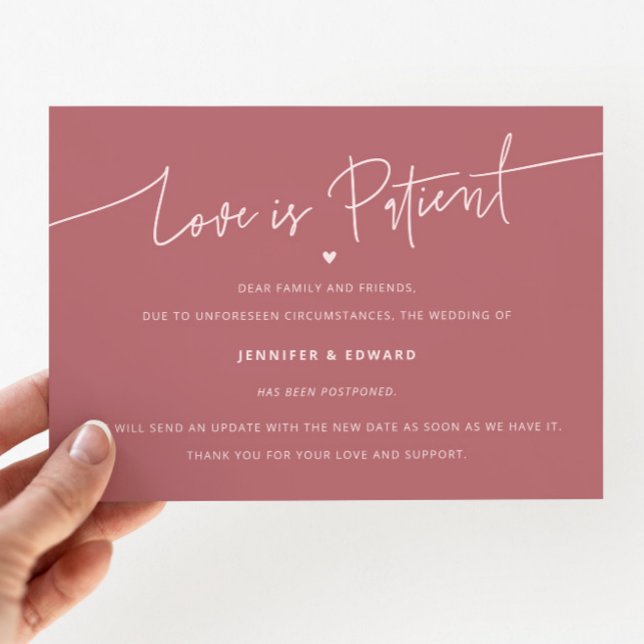 Minimalist Love Is Patient Wedding Update Pink Invitation (Creator Uploaded)