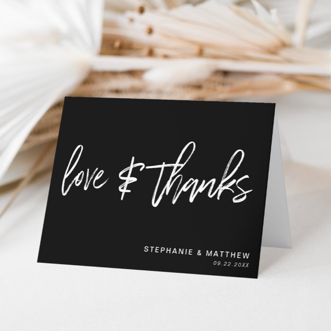 Minimalist Love & Thanks Handwritten Black Thank You Card (A simple and elegant way to say thank you with a personal touch by adding couple details.)