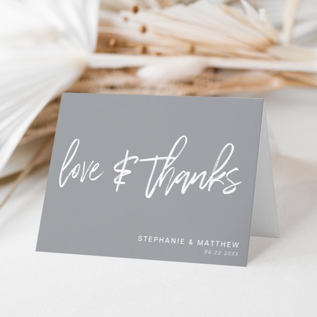 Minimalist Love & Thanks Handwritten Grey Thank You Card (A simple and elegant way to say thank you with a personal touch by adding couple details.)