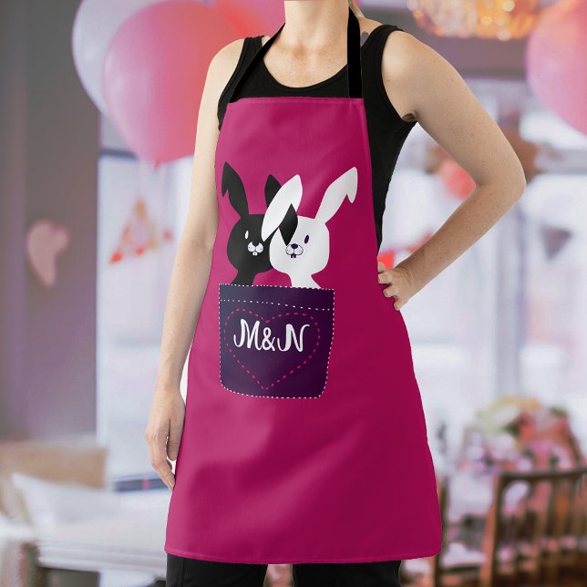 Minimalist Lovely Bunnies With Monogram Cartoonish Apron (Creator Uploaded)